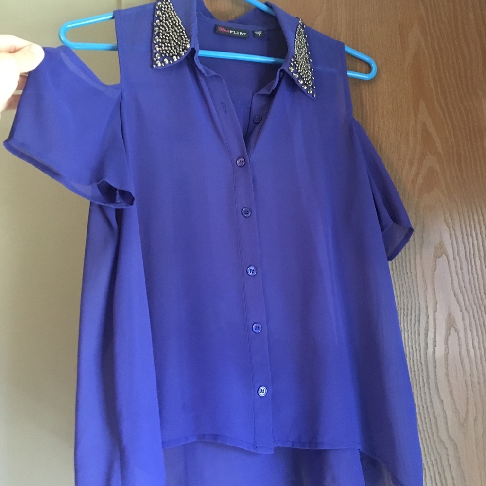 Blue cold shoulder studded button up blouse